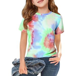 Haloumoning Girls Tie Dye Short Sleeve Shirt Kids Summer Fashion Crewneck Tops Casual Tees 5-14 Years(Mint Green)