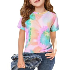 Haloumoning Girls Tie Dye Short Sleeve Shirt Kids Summer Fashion Crewneck Tops Casual Tees 5-14 Years(Orange)