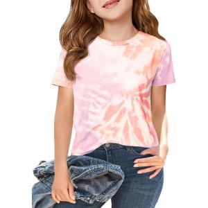 Haloumoning Girls Tie Dye Short Sleeve Shirt Kids Summer Fashion Crewneck Tops Casual Tees 5-14 Years(Orange Pink)