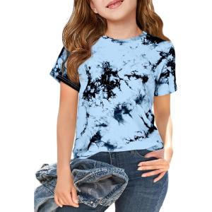 Haloumoning Girls Tie Dye Short Sleeve Shirt Kids Summer Fashion Crewneck Tops Casual Tees 5-14 Years(Sky Blue)