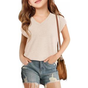 Haloumoning Girls V Neck T-Shirts Kids Summer Swiss Dot Short Sleeve Tops Cute Fashion Tees 5-14 Years(Beige)