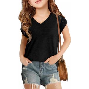 Haloumoning Girls V Neck T-Shirts Kids Summer Swiss Dot Short Sleeve Tops Cute Fashion Tees 5-14 Years(Black)