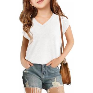 Haloumoning Girls V Neck T-Shirts Kids Summer Swiss Dot Short Sleeve Tops Cute Fashion Tees 5-14 Years(White)