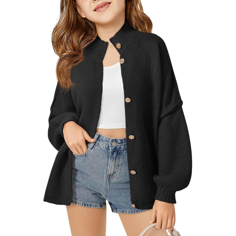 image:imageHaloumoning Girls Button Down Cardigan Mock Neck Lantern Long Sleeve Sweater Chunky Knit Outerwear Jacket 514YBlack