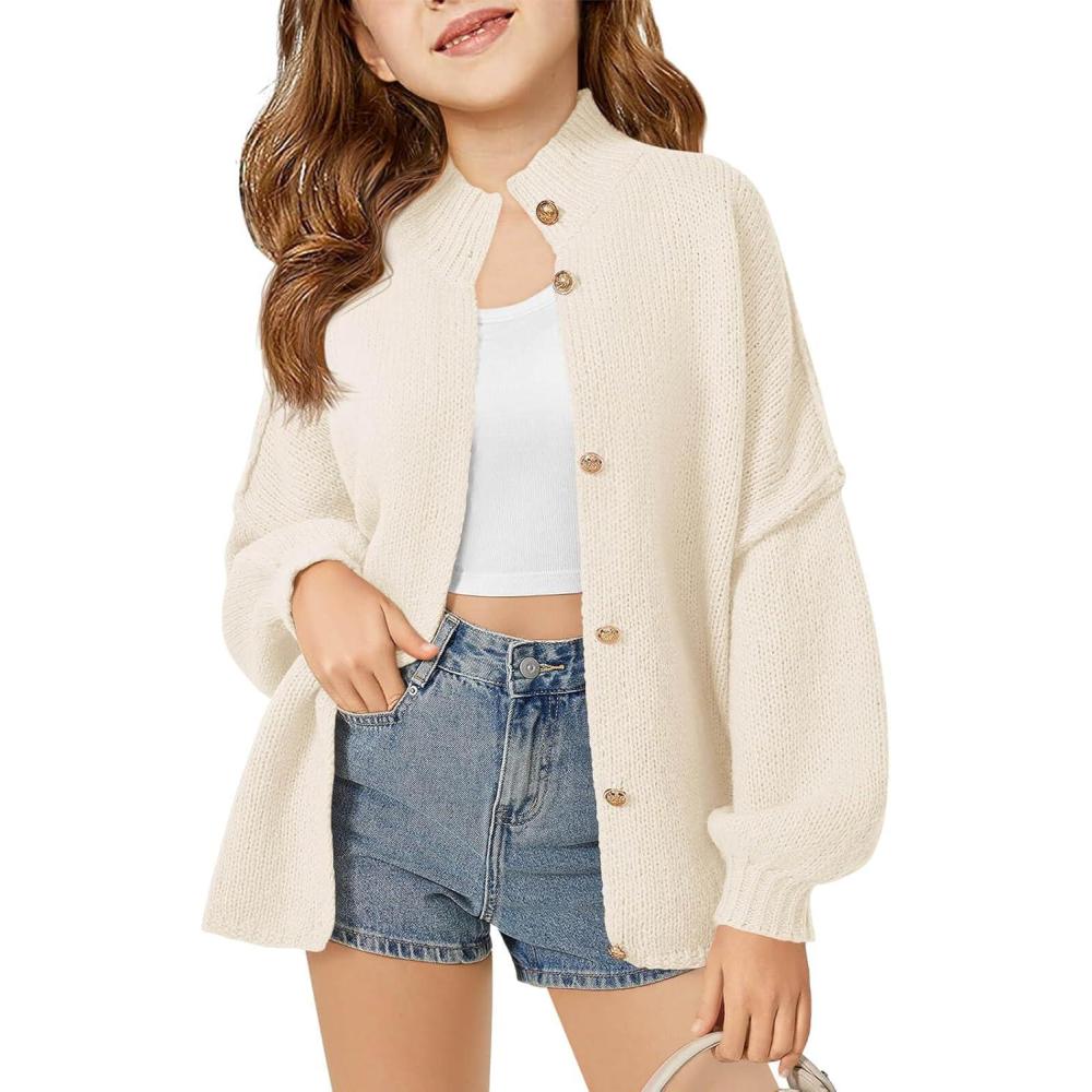 image:imageHaloumoning Girls Button Down Cardigan Mock Neck Lantern Long Sleeve Sweater Chunky Knit Outerwear Jacket 514YWhite