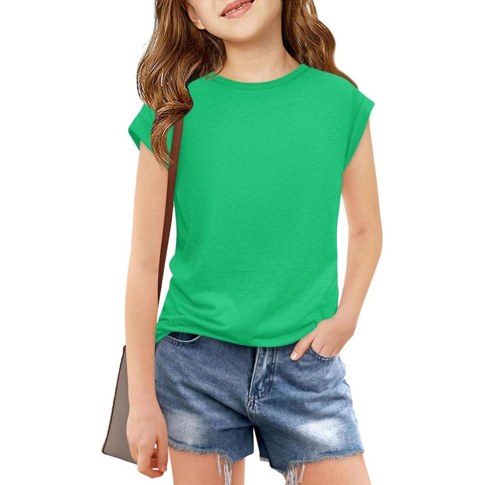 image:imageHaloumoning Girls Cap Sleeve T Shirts Kids Summer Crewneck Solid Tops Tees 514 YearsGreen