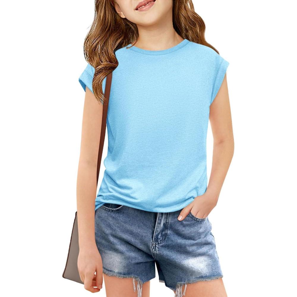 image:imageHaloumoning Girls Cap Sleeve T Shirts Kids Summer Crewneck Solid Tops Tees 514 YearsSky Blue