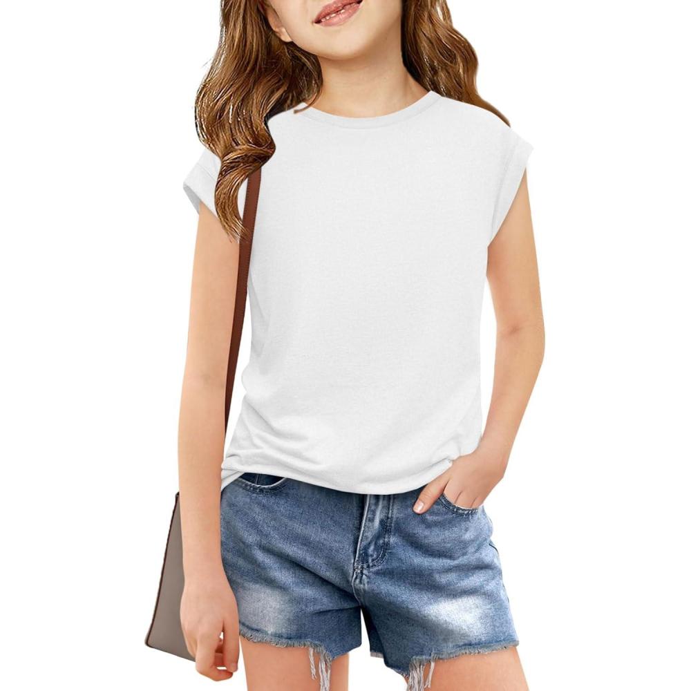 image:imageHaloumoning Girls Cap Sleeve T Shirts Kids Summer Crewneck Solid Tops Tees 514 YearsWhite