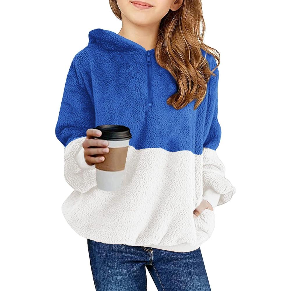 image:imageHaloumoning Girls Fuzzy Fleece Pullover Hoodies Sweatshirt Casual Loose Outwear Coat with Pockets 415 YearsAblue