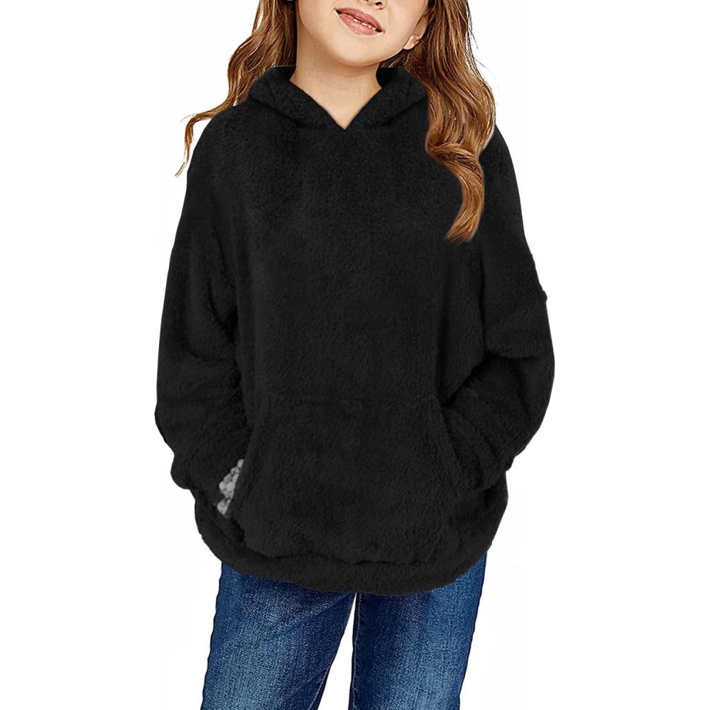 image:imageHaloumoning Girls Fuzzy Fleece Pullover Hoodies Sweatshirt Casual Loose Outwear Coat with Pockets 415 YearsCblack