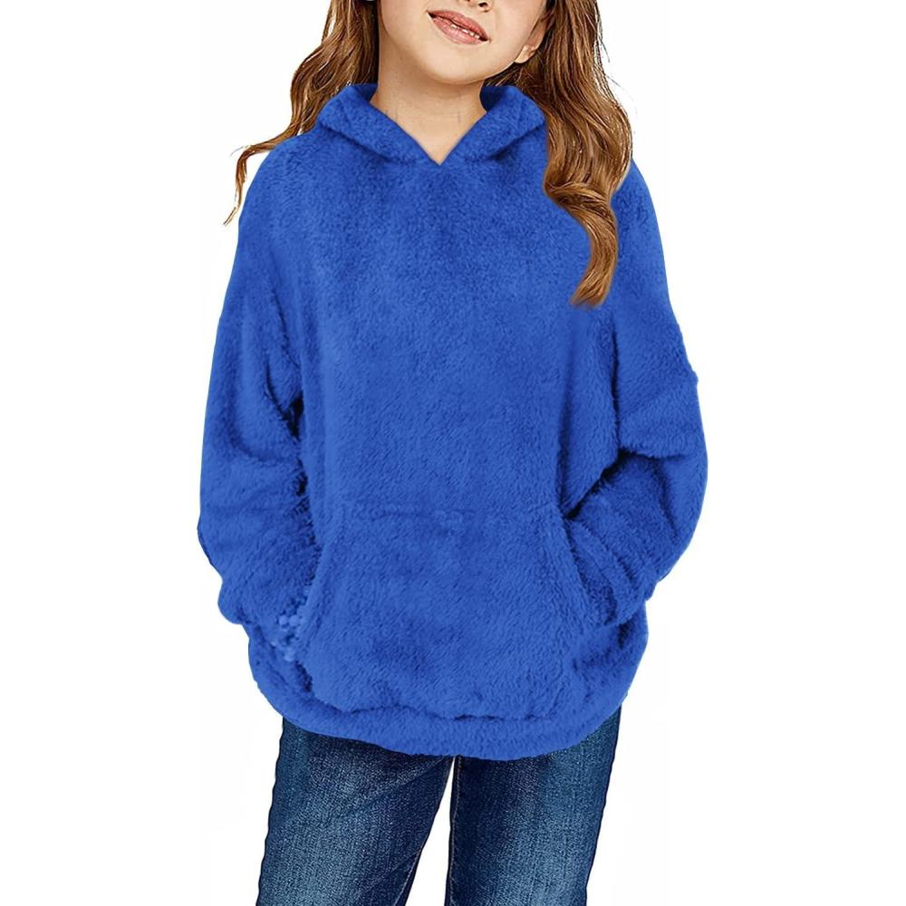 image:imageHaloumoning Girls Fuzzy Fleece Pullover Hoodies Sweatshirt Casual Loose Outwear Coat with Pockets 415 YearsCblue