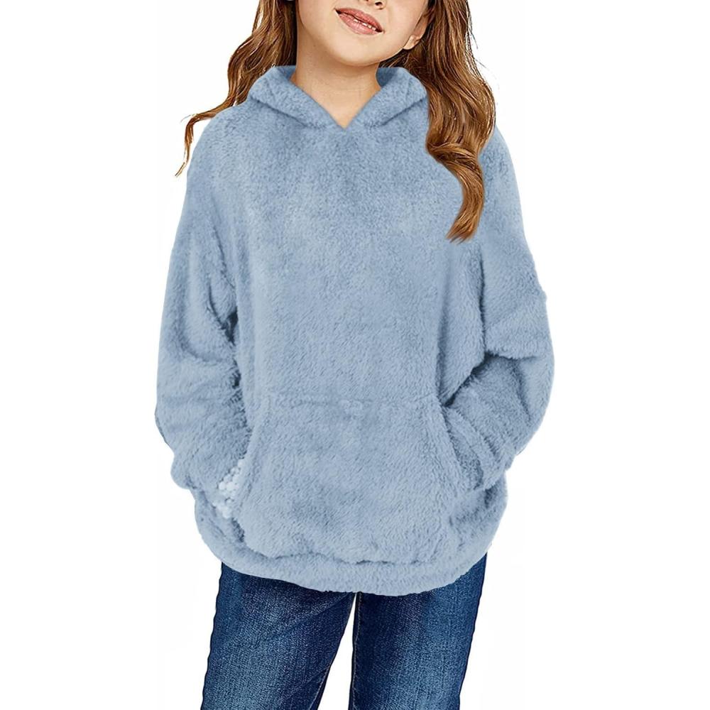 image:imageHaloumoning Girls Fuzzy Fleece Pullover Hoodies Sweatshirt Casual Loose Outwear Coat with Pockets 415 YearsCblue Grey