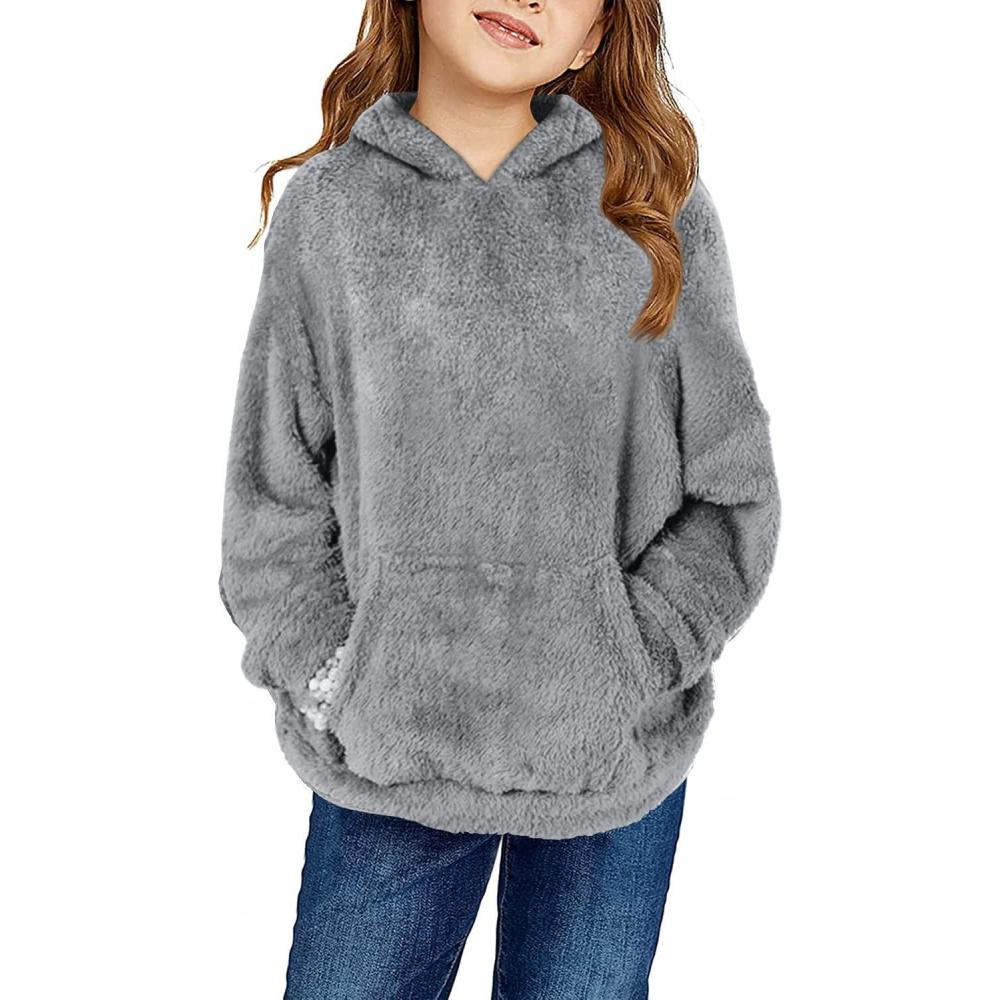 image:imageHaloumoning Girls Fuzzy Fleece Pullover Hoodies Sweatshirt Casual Loose Outwear Coat with Pockets 415 YearsCgrey