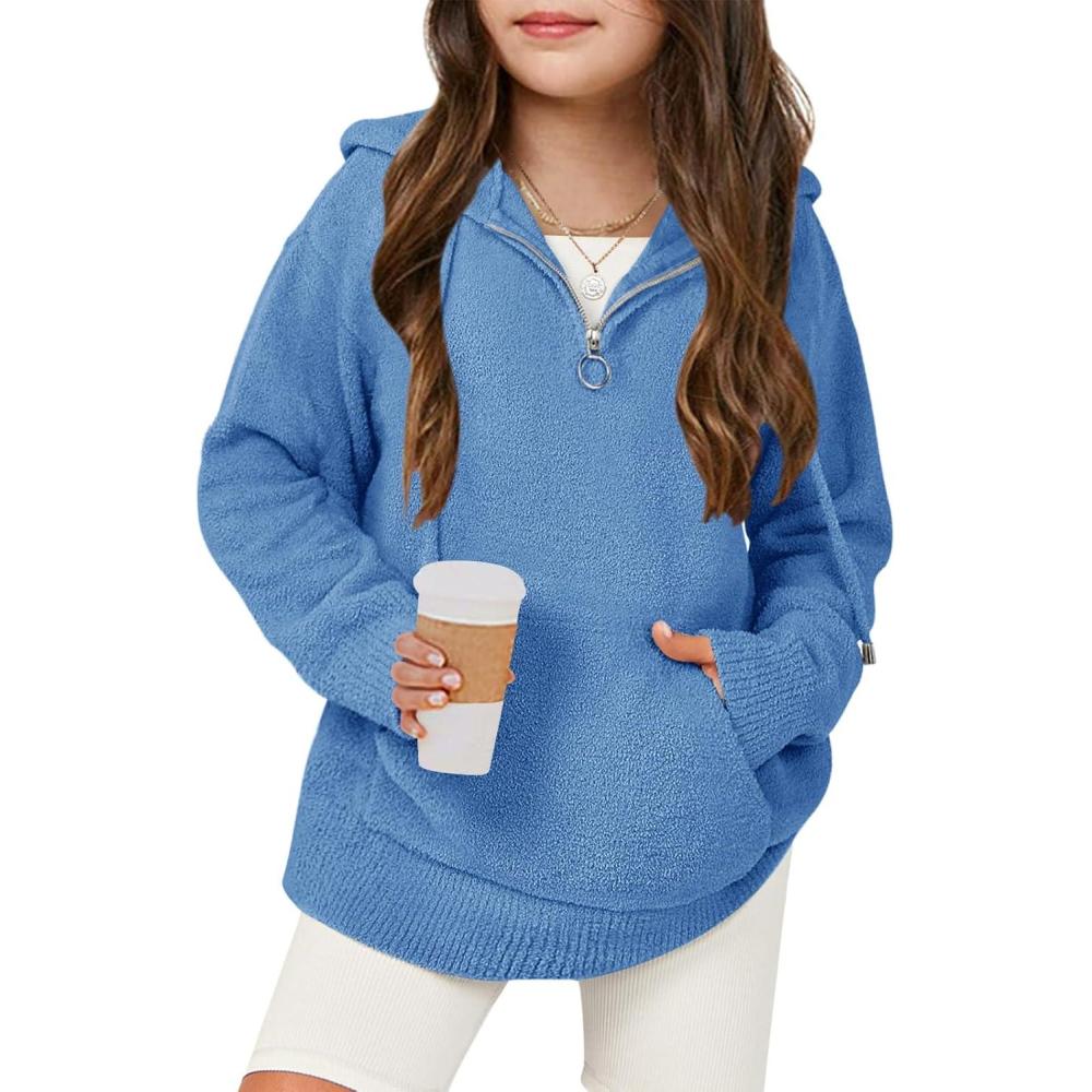 image:imageHaloumoning Girls Fuzzy Hoodies Kids Sherpa Quarter Zip Hooded Sweatshirts with Pocket 514 YearsBlue