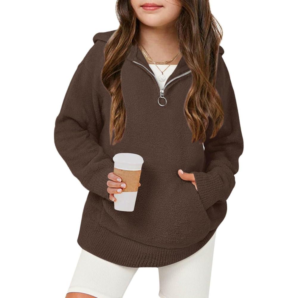 image:imageHaloumoning Girls Fuzzy Hoodies Kids Sherpa Quarter Zip Hooded Sweatshirts with Pocket 514 YearsCoffee