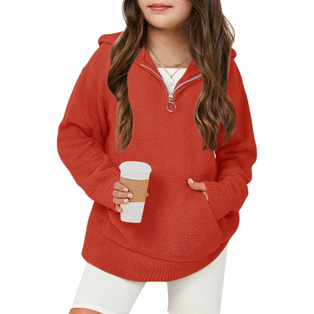 image:imageHaloumoning Girls Fuzzy Hoodies Kids Sherpa Quarter Zip Hooded Sweatshirts with Pocket 514 YearsRed