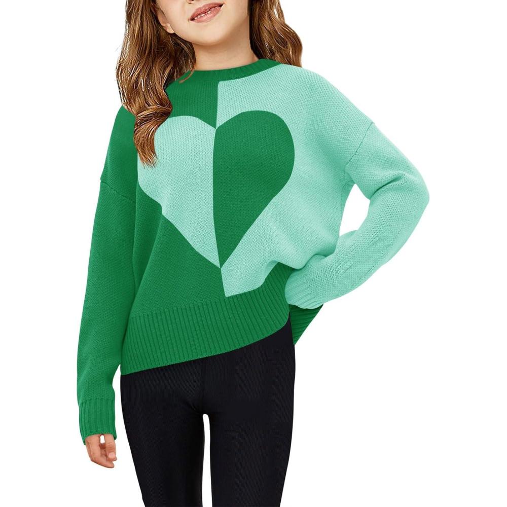image:imageHaloumoning Girls Heart Sweater Kids Cute Color Block Knit Sweaters 714 YearsGreen
