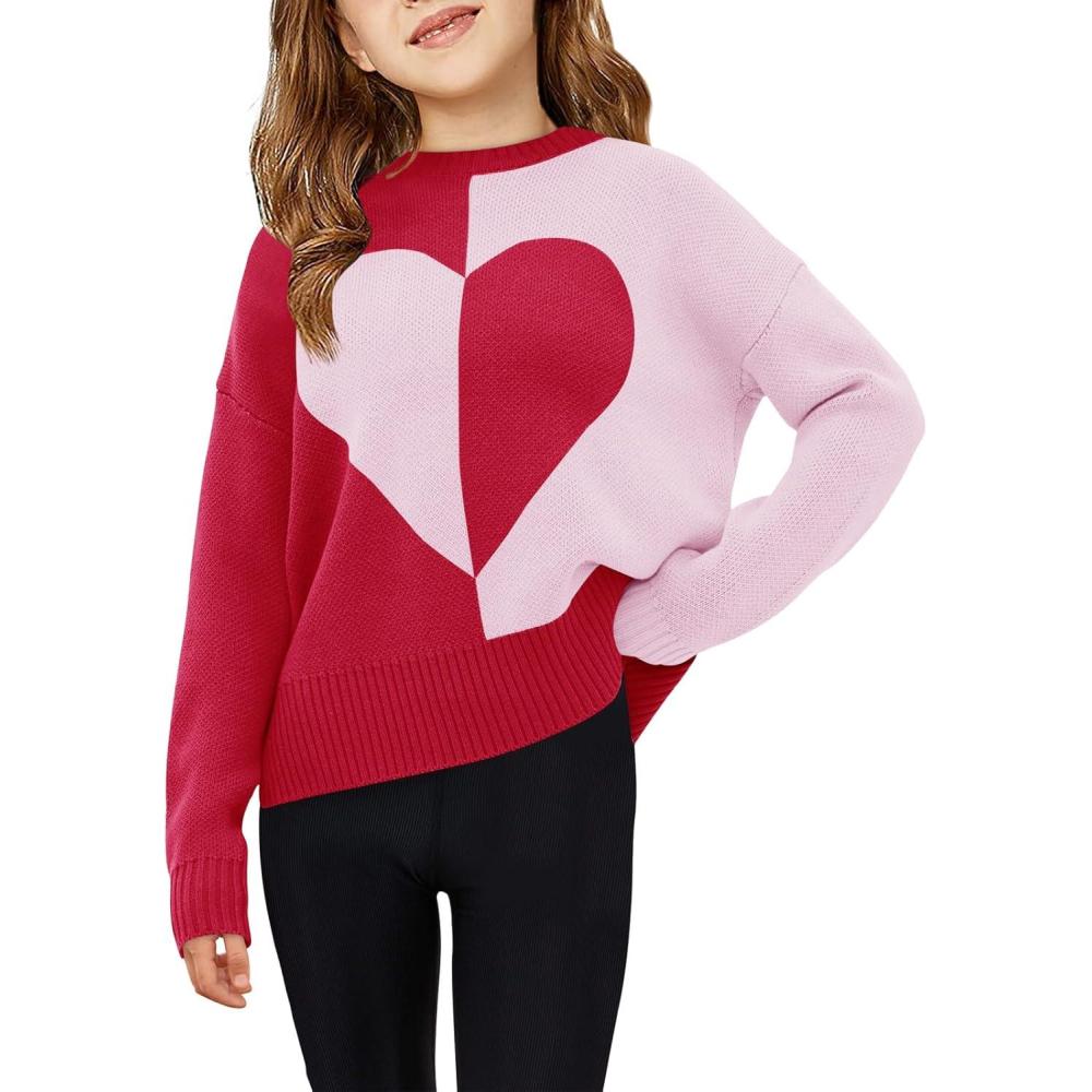 image:imageHaloumoning Girls Heart Sweater Kids Cute Color Block Knit Sweaters 714 YearsRed Pink