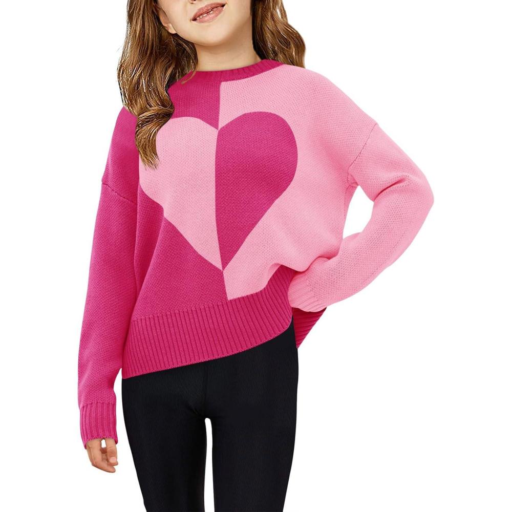 image:imageHaloumoning Girls Heart Sweater Kids Cute Color Block Knit Sweaters 714 YearsRose Red