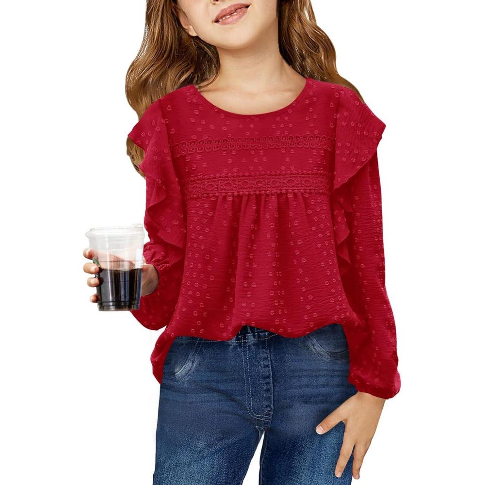 image:imageHaloumoning Girls Long Sleeve Shirts Cute Tops Crewneck Ruffle Swiss Dot Blouses for Kids 414 YearsRed