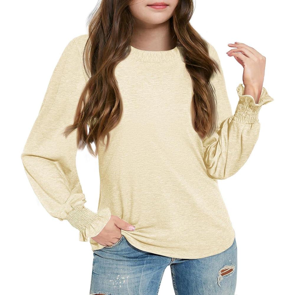 image:imageHaloumoning Girls Long Sleeve Shirts Kids Fashion Crew Neck Tunic Tops Blouse 514 YearsBeige