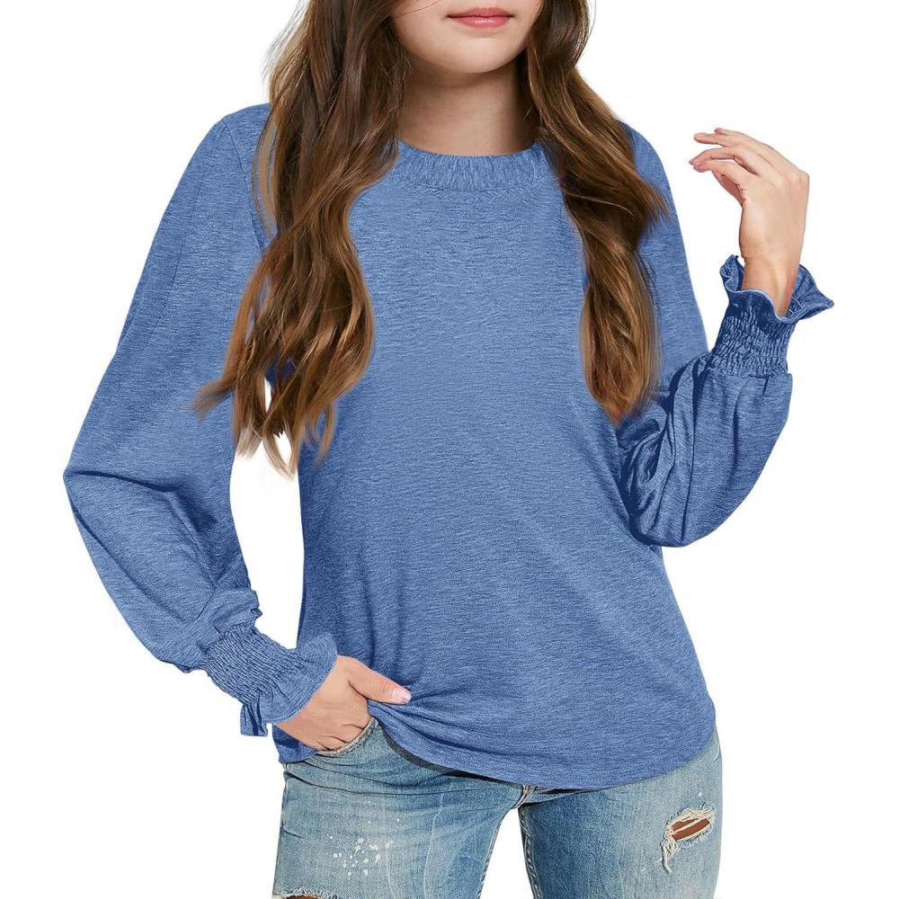 image:imageHaloumoning Girls Long Sleeve Shirts Kids Fashion Crew Neck Tunic Tops Blouse 514 YearsBlue