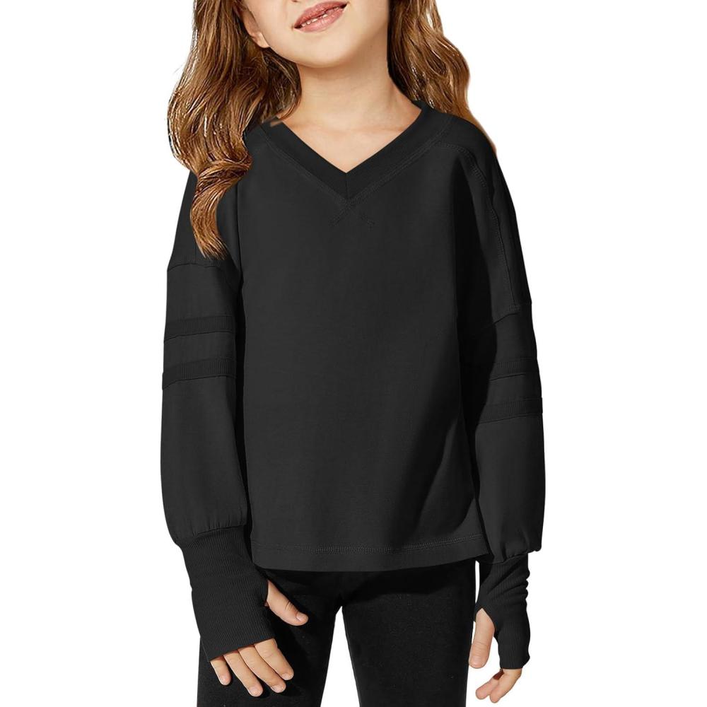 image:imageHaloumoning Girls Oversized Long Sleeve T Shirts Kids Casual V Neck Cute Tops Basic Tees with Thumb Holes 414YBlack