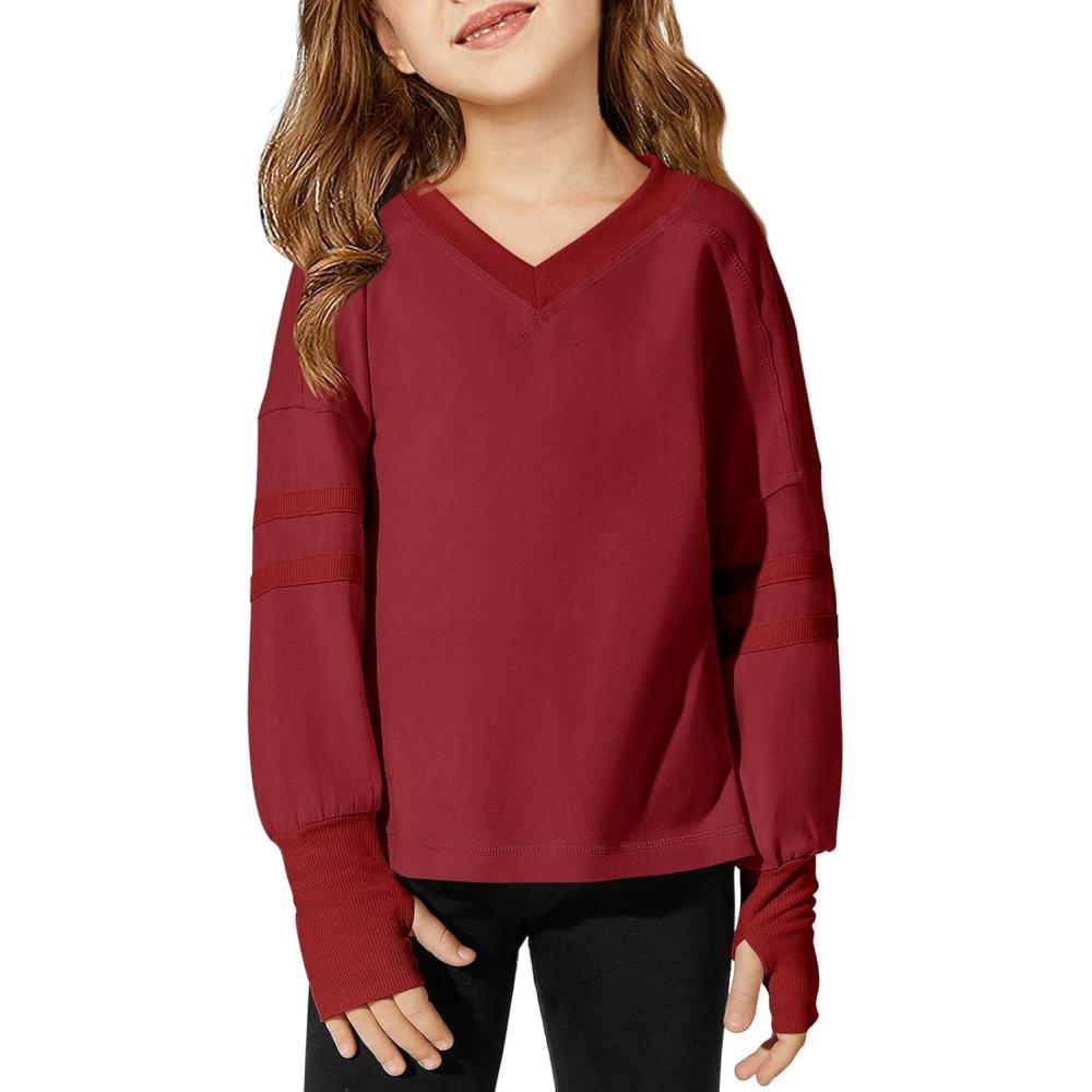 image:imageHaloumoning Girls Oversized Long Sleeve T Shirts Kids Casual V Neck Cute Tops Basic Tees with Thumb Holes 414YBurgundy