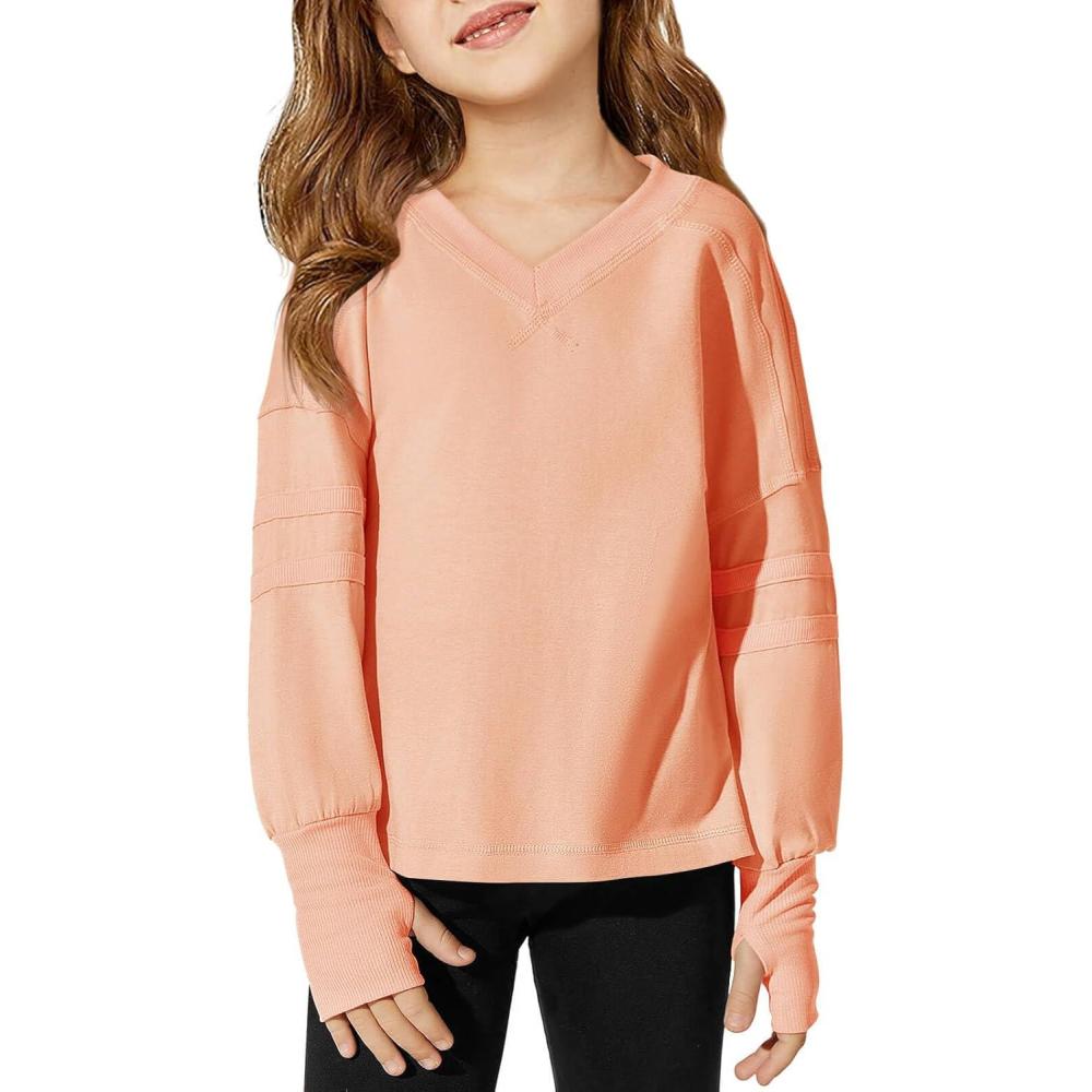 image:imageHaloumoning Girls Oversized Long Sleeve T Shirts Kids Casual V Neck Cute Tops Basic Tees with Thumb Holes 414YOrange