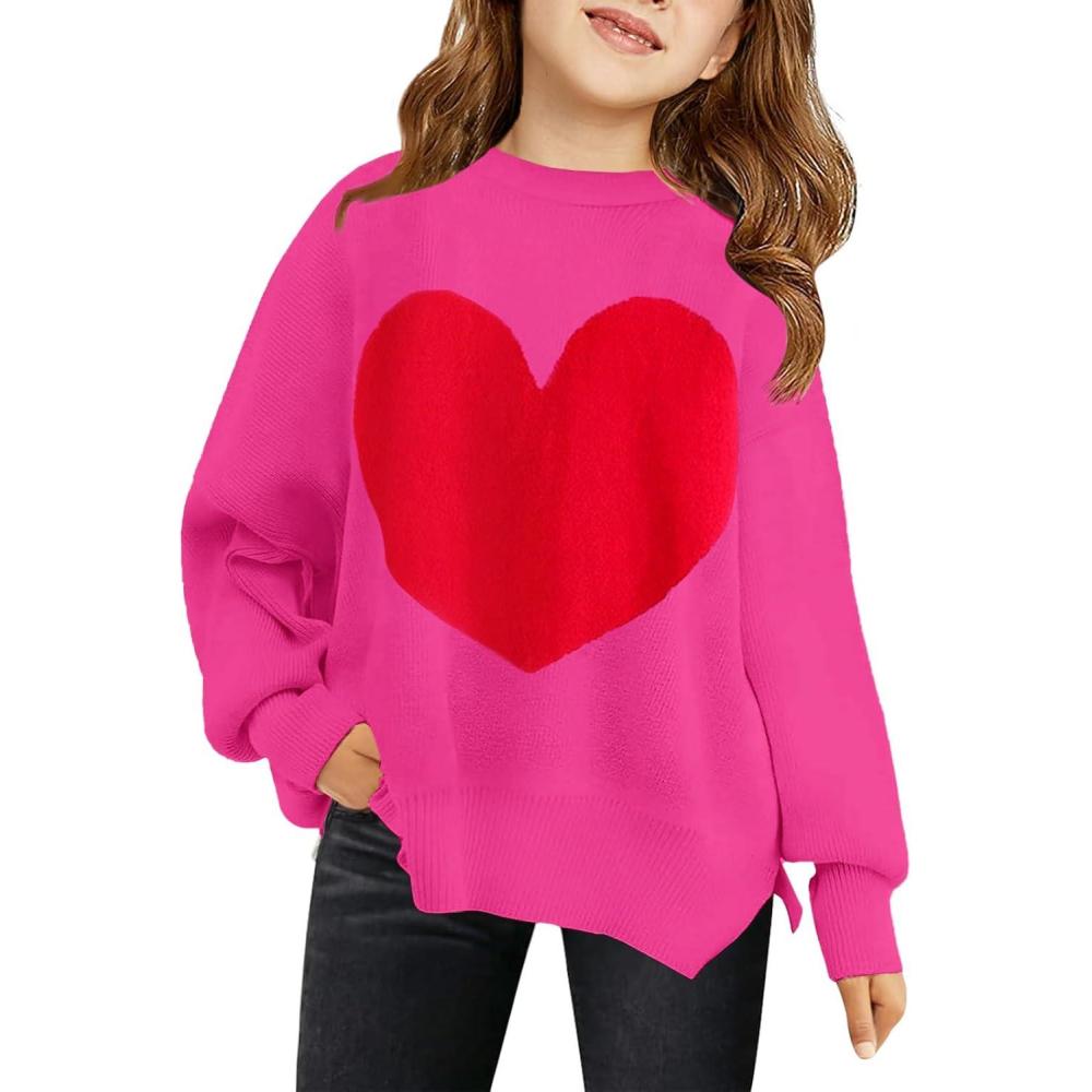 image:imageHaloumoning Girls Oversized Sweaters Kids Fashion Heart Batwing Sleeve Ribbed Knit Side Slit Pullover TopsHot Pink