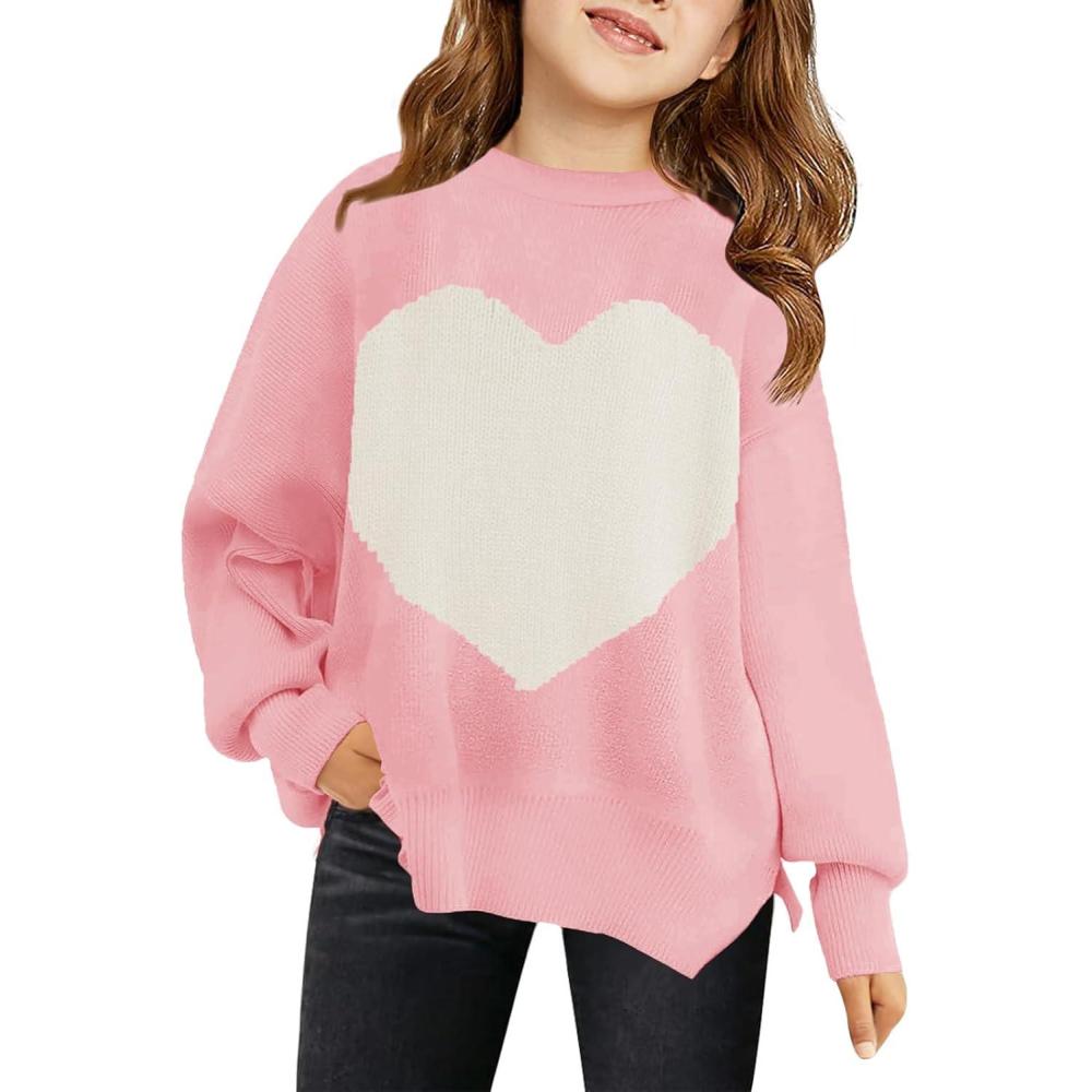 image:imageHaloumoning Girls Oversized Sweaters Kids Fashion Heart Batwing Sleeve Ribbed Knit Side Slit Pullover TopsLight Pink