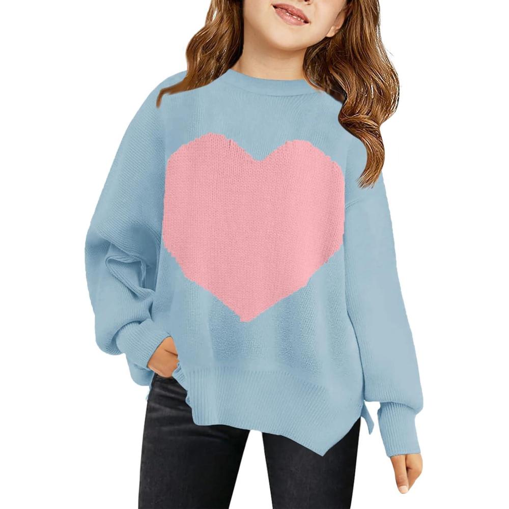 image:imageHaloumoning Girls Oversized Sweaters Kids Fashion Heart Batwing Sleeve Ribbed Knit Side Slit Pullover TopsSky Blue