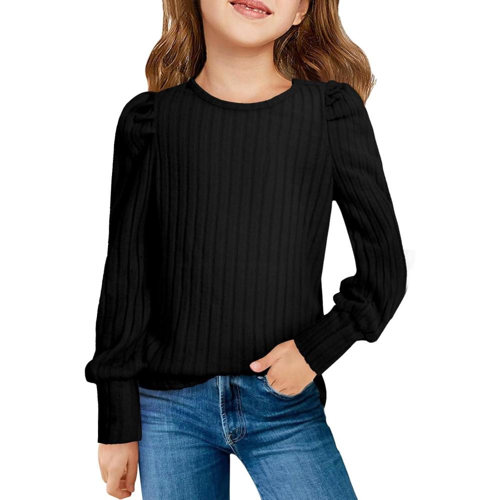 image:imageHaloumoning Girls Puff Long Sleeve Shirts Kids Fashion Ribbed Knit Tops Blouse 514 YearsBlack