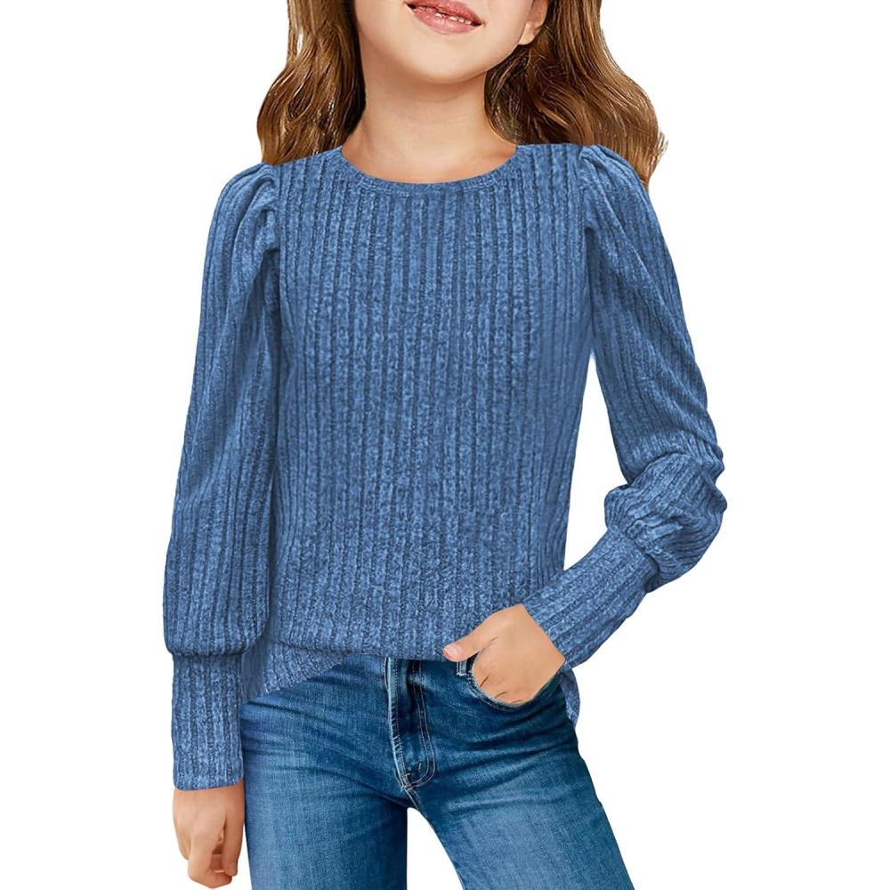 image:imageHaloumoning Girls Puff Long Sleeve Shirts Kids Fashion Ribbed Knit Tops Blouse 514 YearsBlue