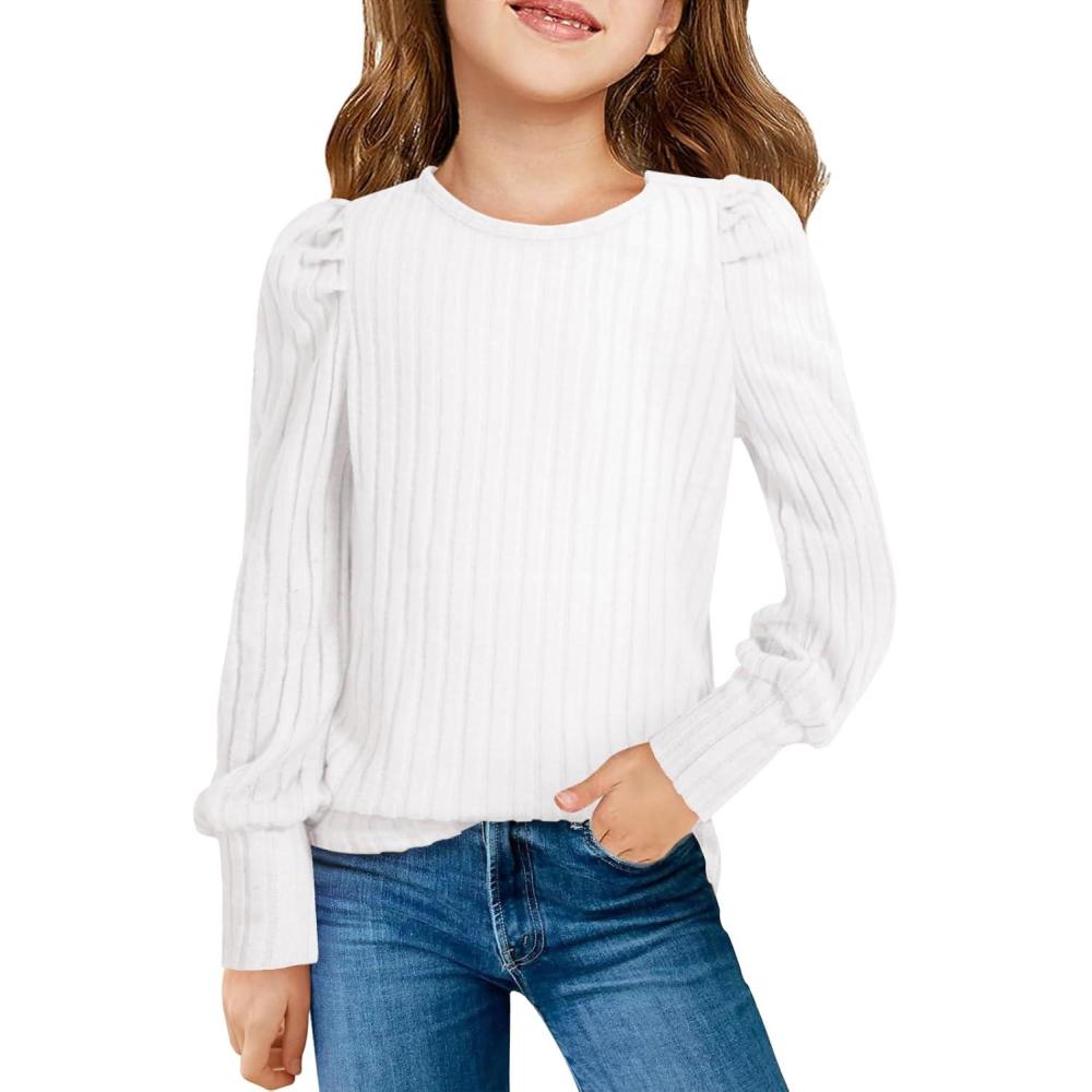image:imageHaloumoning Girls Puff Long Sleeve Shirts Kids Fashion Ribbed Knit Tops Blouse 514 YearsWhite