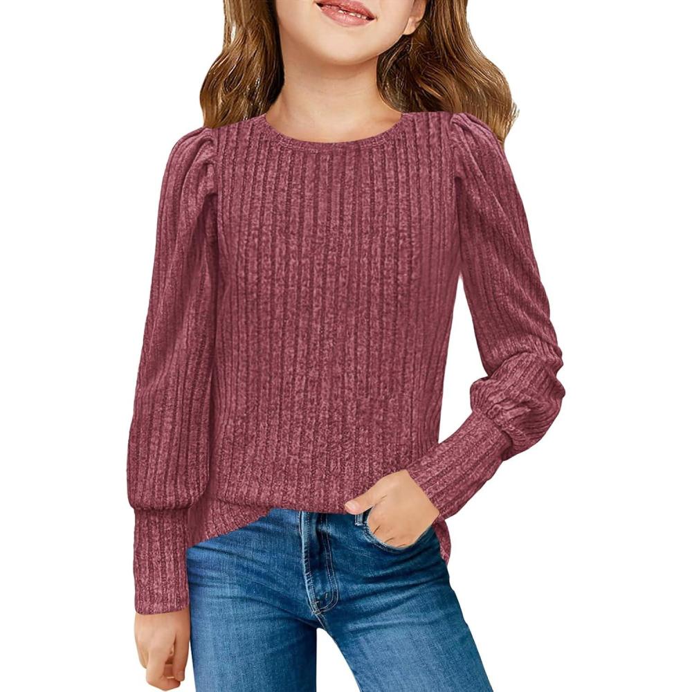 image:imageHaloumoning Girls Puff Long Sleeve Shirts Kids Fashion Ribbed Knit Tops Blouse 514 YearsWine Red