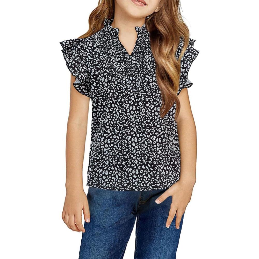 image:imageHaloumoning Girls Ruffle Short Sleeve Floral Chiffon Blouses Kids Summer Shirts Tops 514 YearsBlack