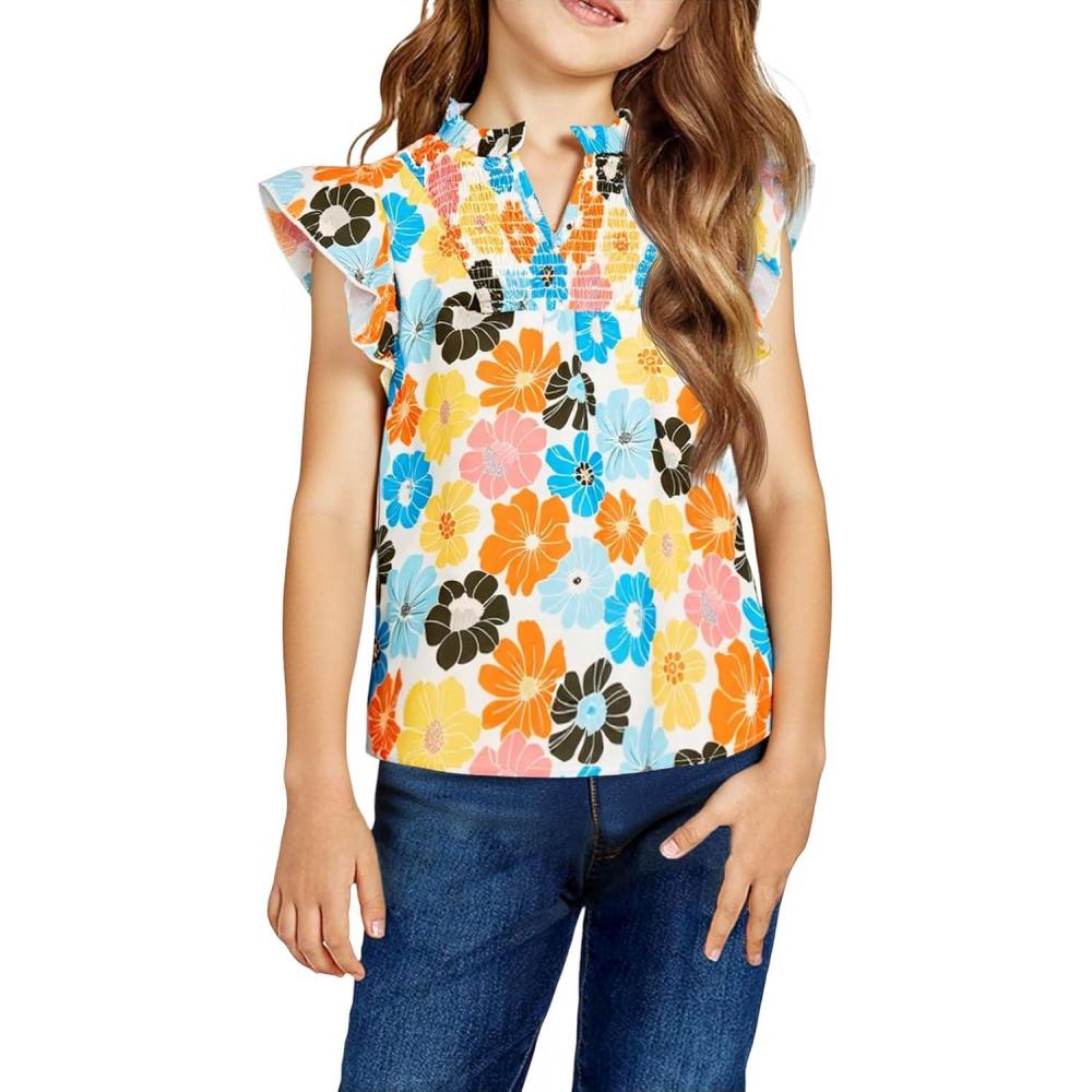 image:imageHaloumoning Girls Ruffle Short Sleeve Floral Chiffon Blouses Kids Summer Shirts Tops 514 YearsMulticolor