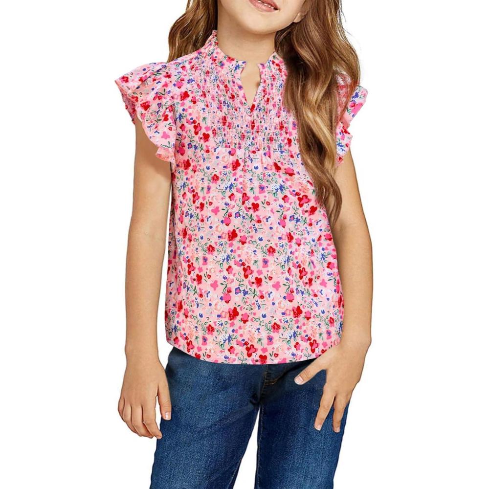image:imageHaloumoning Girls Ruffle Short Sleeve Floral Chiffon Blouses Kids Summer Shirts Tops 514 YearsPink
