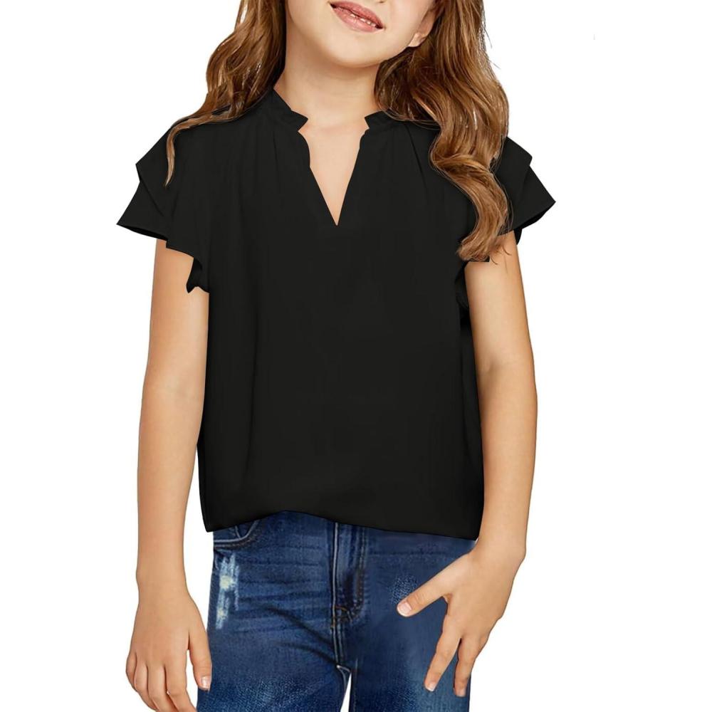 image:imageHaloumoning Girls Ruffle Short Sleeve T Shirts Casual V Neck Chiffon Blouse Cute Summer Tops 514YBlack