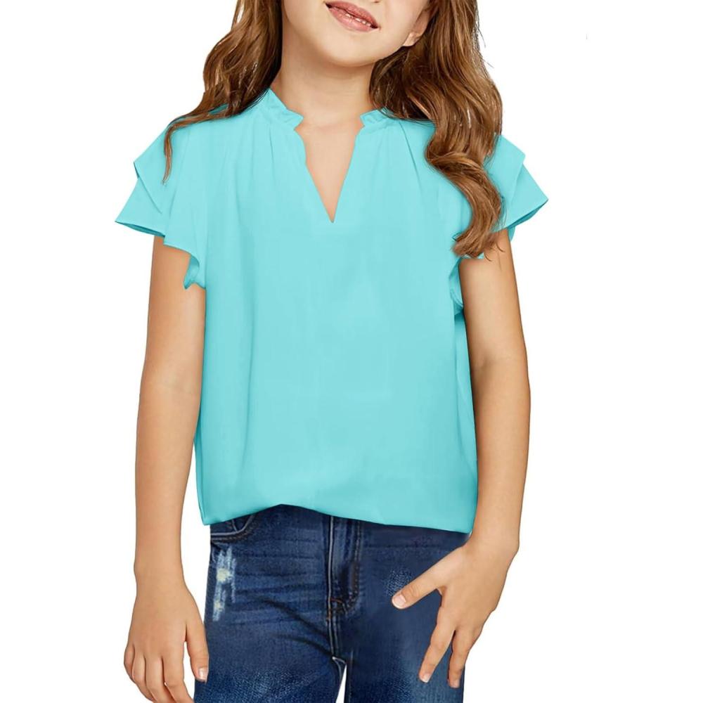 image:imageHaloumoning Girls Ruffle Short Sleeve T Shirts Casual V Neck Chiffon Blouse Cute Summer Tops 514YBluegreen