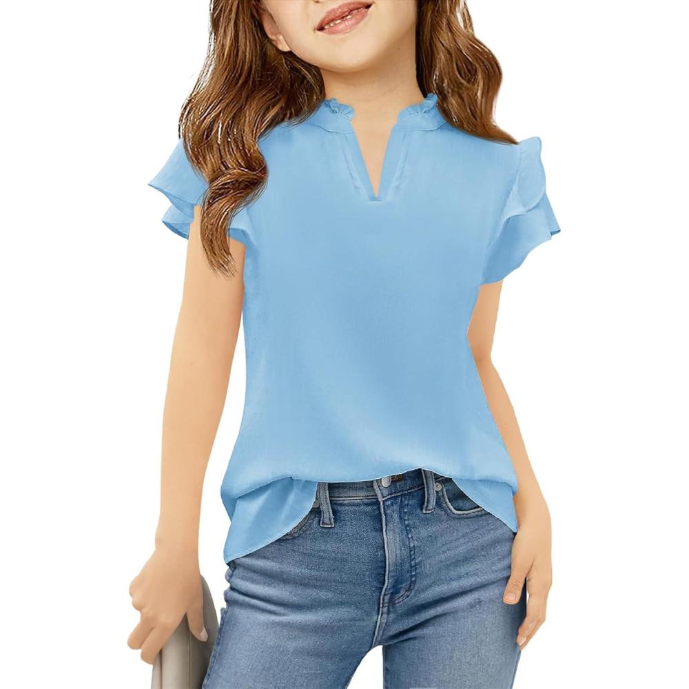 image:imageHaloumoning Girls Ruffle Short Sleeve T Shirts Kids Summer Cute V Neck Tops Blouses 514 YearsBlue