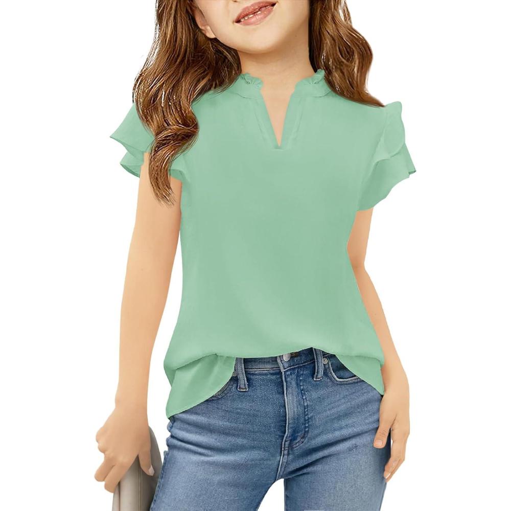 image:imageHaloumoning Girls Ruffle Short Sleeve T Shirts Kids Summer Cute V Neck Tops Blouses 514 YearsMint
