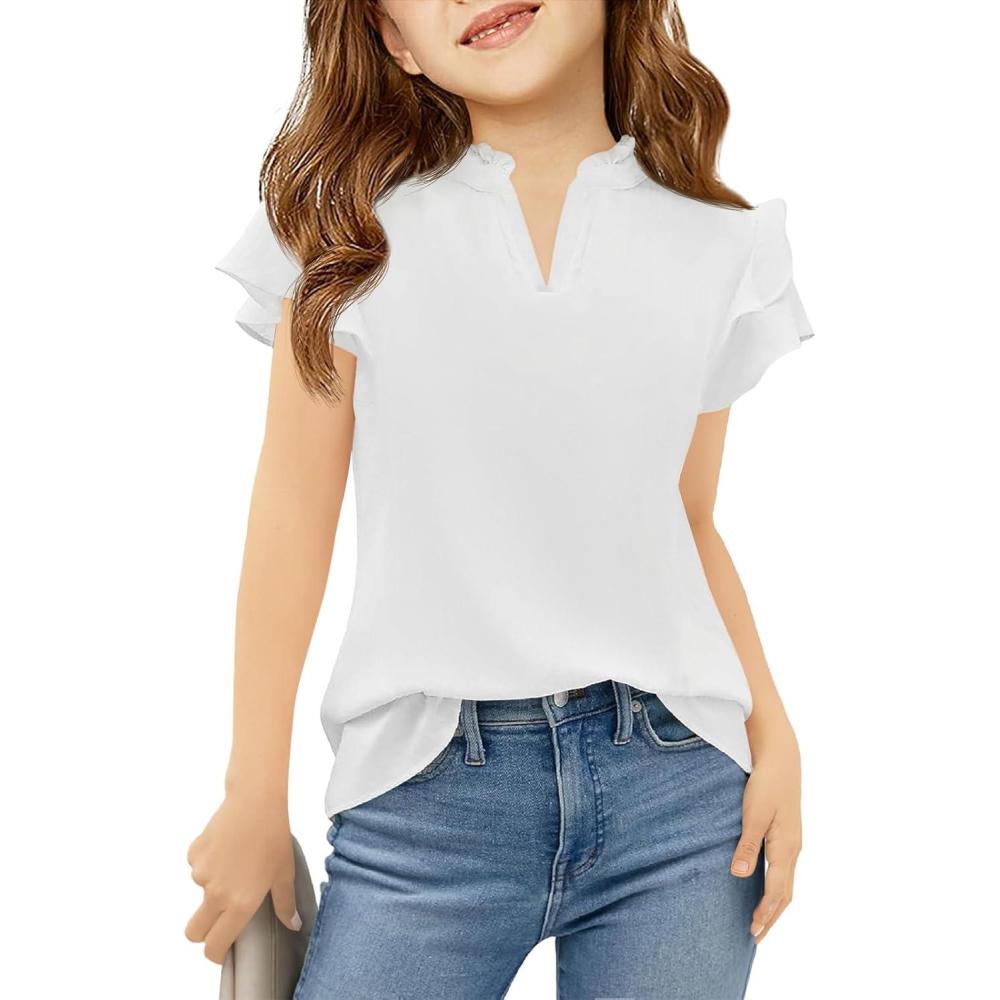 image:imageHaloumoning Girls Ruffle Short Sleeve T Shirts Kids Summer Cute V Neck Tops Blouses 514 YearsWhite