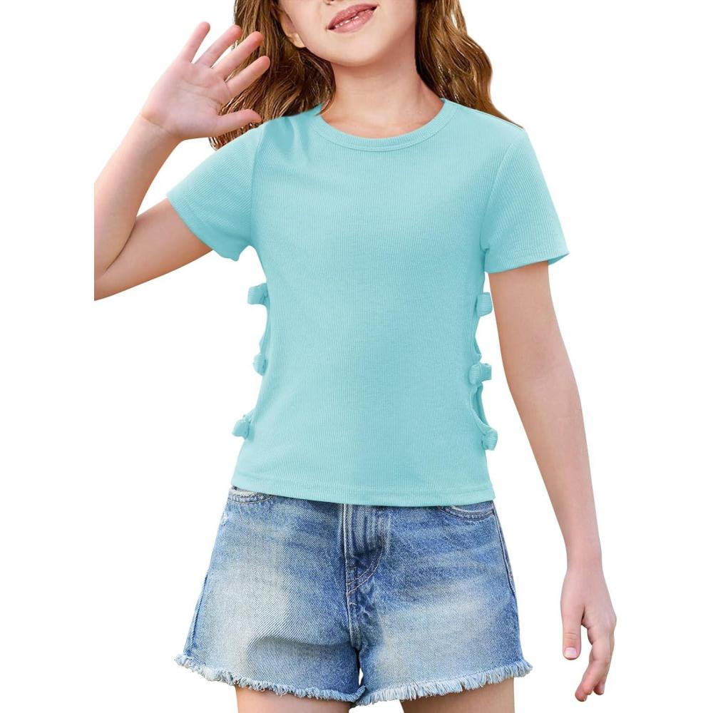 image:imageHaloumoning Girls Short Sleeve Shirts Kids Summer Casual Side Bow Knit Tops Tees 514 YearsBlue