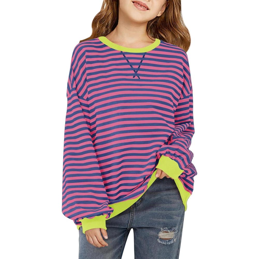 image:imageHaloumoning Girls Striped Crewneck Sweatshirt Kids Long Sleeve Oversized Fashion Pullover Tops Fall Clothes 514 YearsFuchsias