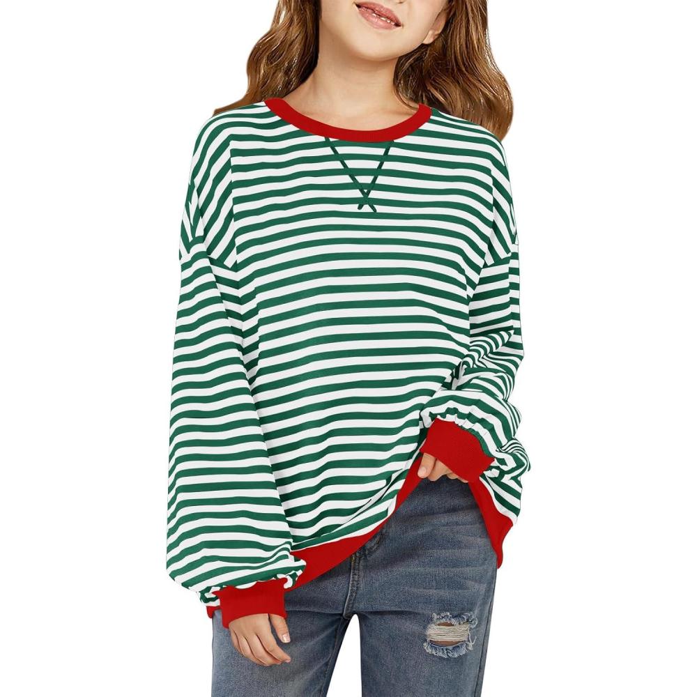 image:imageHaloumoning Girls Striped Crewneck Sweatshirt Kids Long Sleeve Oversized Fashion Pullover Tops Fall Clothes 514 YearsGreen