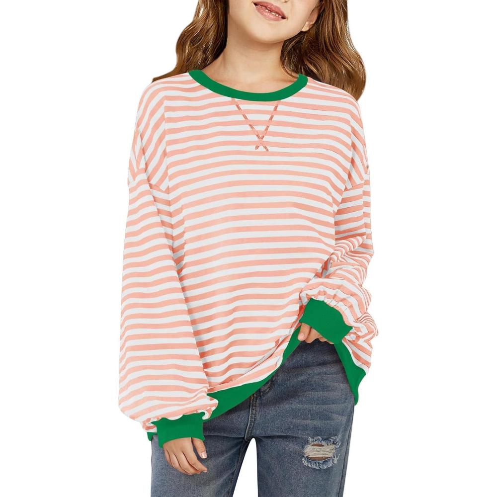 image:imageHaloumoning Girls Striped Crewneck Sweatshirt Kids Long Sleeve Oversized Fashion Pullover Tops Fall Clothes 514 YearsOrange
