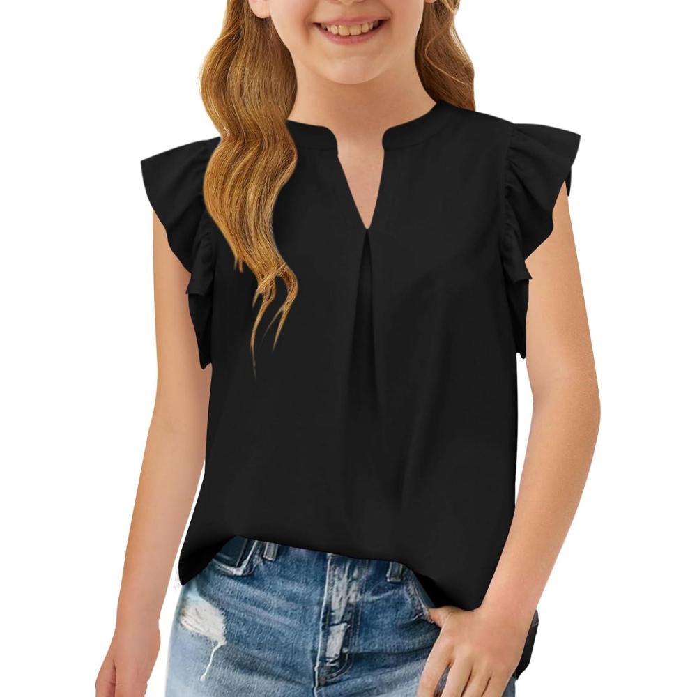 image:imageHaloumoning Girls Summer T Shirts Kids Fashion V Neck Ruffle Short Sleeve Tops Blouse 514 YearsBlack