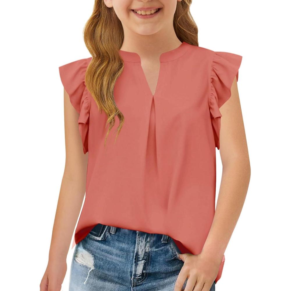 image:imageHaloumoning Girls Summer T Shirts Kids Fashion V Neck Ruffle Short Sleeve Tops Blouse 514 YearsDusty Rose